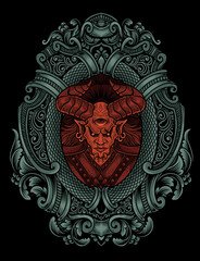 illustration badass demon with Engraving ornament