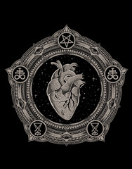 Illustration Heart on circle mandala engraving style