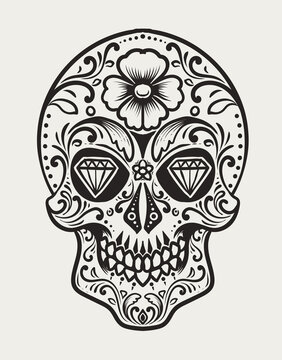 Illustration day of the dead skull on white background