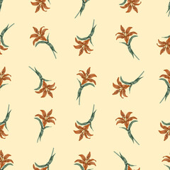 Small lily flowers. Vintage seamless pattern in a watercolor style. Pastel colors.