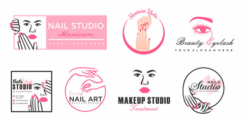 Nails art and eyelash salon vector logo.Illustration of woman hands with elegant,beautiful manicure.