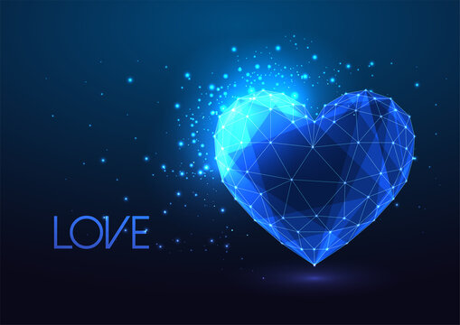 Futuristic glowing low polygonal hologram heart shape on dark blue backgound. Concept of Love. 