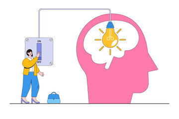 Idea, innovation and creativity help boost productivity, motivation to reach success goal, career development, business growth concepts. Confident businesswoman switching on a lightbulb in the head