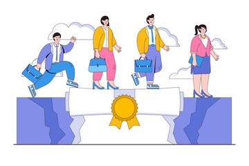 Education or business degree for career growth, skill or knowledge for opportunity, and training or diploma concepts. Businessman and businesswoman walk on degree scroll as bridge to cross the gap