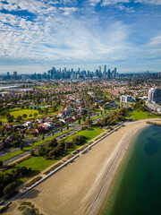 Aerial view of Melbourne CBD and coastal suburb