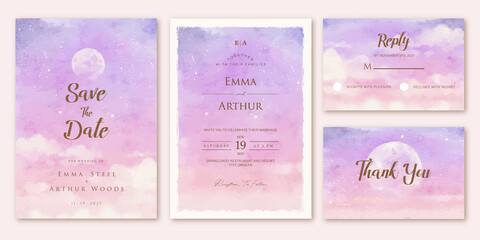 Set of wedding invitation with pink purple sky aquarelle