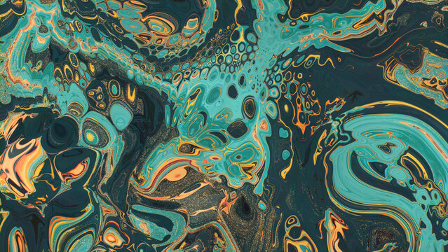 Paint Swirls in Beautiful Turquoise and Yellow colors, with Gold Powder. Abstract Art Background.