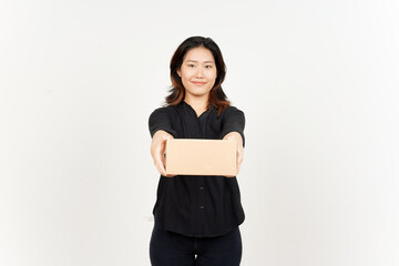 Holding Package Box or Cardboard Box of Beautiful Asian Woman Isolated On White Background