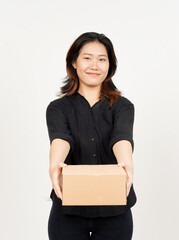 Holding Package Box or Cardboard Box of Beautiful Asian Woman Isolated On White Background