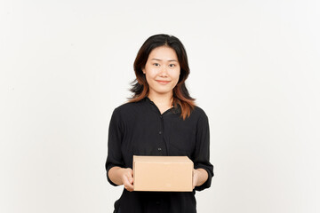 Holding Package Box or Cardboard Box of Beautiful Asian Woman Isolated On White Background