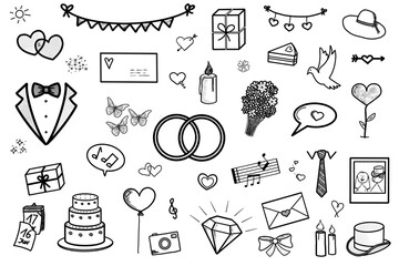 41x Hochzeit Verlobung Heiraten - Set - Icons Symbole Grafiken Sketchnotes - handgemalt - schwarz weiß 