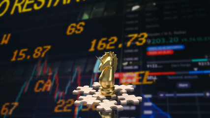 The gold unicorn on wood puzzle for business concept 3d rendering © niphon