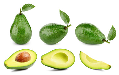 Avocado collection Clipping Path. Avocado isolated on white background. Big set fresh avocado fruits. Professional studio macro shooting