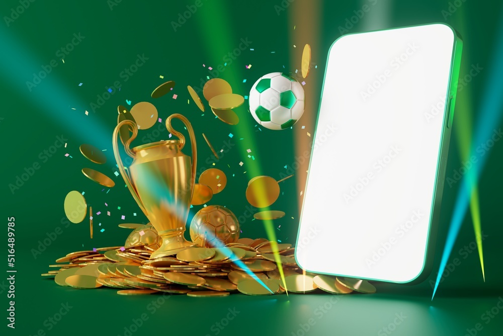 Wall mural smartphone with a white screen. football ball on dark background. 3d illustration. sport competition