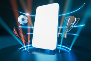 smartphone with a white screen. football ball on dark background. football shoes with the winner cup. 3d illustration. sport competition application online. online live app broadcast. soccer game