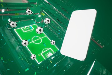 smartphone with a white screen. football ball on dark background. football shoes with the winner cup. 3d illustration. sport competition application online. online live app broadcast. soccer game