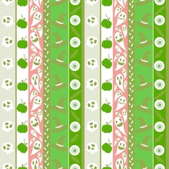 Cartoon seamless Halloween wrapping paper pattern with sculls and ghost and pumpkins for packaging and fabrics and kids