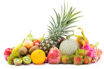 Arrangement  fresh tropical fruits isolated on white background, Various ripe fruits on white background, Ripe fruits for dieting