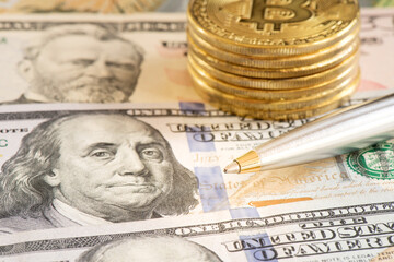 Dollars and pen with bitcoins for business concept, Crypto currency bitcoin with US dollar