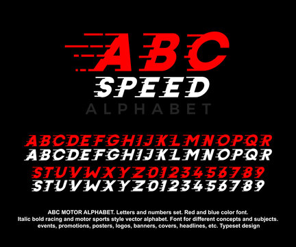 ABC SPEED vector alphabet and numbers set. Red and blue color font. Italic bold racing and motor sports and gaming style design. For Headlines, logos, banners, events, posters etc