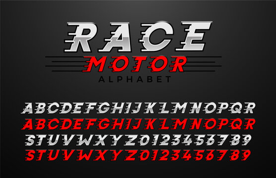 Race Motor Letters and numbers set. Red and grey vector alphabet. Italic bold racing and motor sports style vector alphabet. Font for events, promotions, posters, logos, banners, covers, headlines