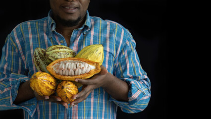 Close up happy African man or farmer holding cacao or cocoa fruits in arms, looking at camera on black background with copy space.