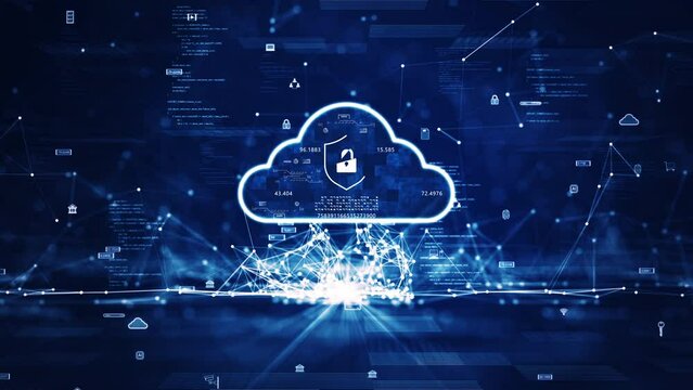 Cloud and edge computing technology concept with cybersecurity data protection system. A large cloud icon stands out in the center. Slow motion small icon polygon connection on dark blue background.