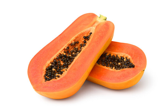 Ripe papaya cut in half isolated on white background. Clipping path.