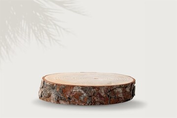 Eco rustic pine tree wood disc platform podium. Minimal empty display product presentation scene
