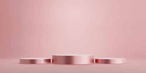 Rose Gold Podium, product stand. Blank Exhibition stage or empty product shelf.