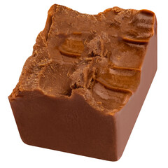 Chocolate candy bite isolated on white background. Cube of milk chocolate closeup.