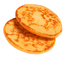  Stack of tasty fluffy pancakes isolated on white background..