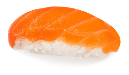 Sushi with rice and salmon  isolated on white background.  Top view. Flat lay. Japan restaurant menu..
