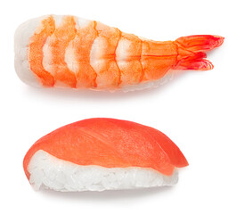 Sushi with rice, shrimps and salmon  isolated on white background.  Top view. Flat lay. Japan restaurant menu..