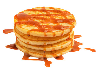  Stack of tasty fluffy pancakes with honey butter toppings isolated on white background..