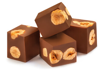 Cubes of milk chocolate bar with nuts isolated on white background.