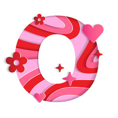 O Alphabet Valentines Day Love Abstract Character Font Letter Paper Lively Flower Heart Sparkle Shine Red Pink Mountain Geography Contour Map 3D Layer Paper Cutout Card Web Banner Vector Illustration