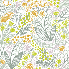 Vector floral pattern with plants in doodle style. Texture for fabrics, textiles, paper.