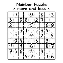 Number puzzle for kids black and white activity page for kids vector illustration. Educational number puzzle with 1-9 numbers vector