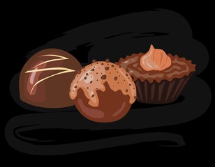 Chocolate candies with nuts, glazed, decorated. Vector illustration on a black background, for a banner, advertising, packaging, shop