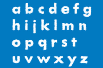 White clouds of English alphabet character from a to z. on the blue background. small alphabet.