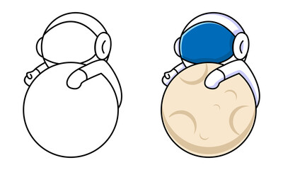 cute astronaut holding the moon coloring page for kids