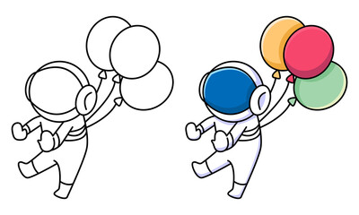 cute astronaut flying with balloon coloring page for kids