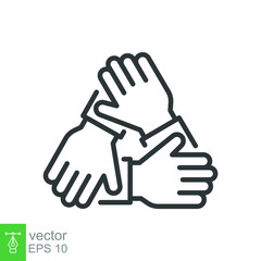 Three hands support each other line icon. Simple outline style. Team, hand, work together, partnership, group, help, concept of teamwork. Vector illustration design isolated on white background EPS 10