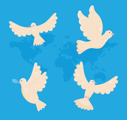 cartoon doves peace icon set