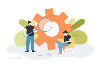 Internet search of information by tiny people. Male characters holding loupe and laptop near gear flat vector illustration. Marketing, algorithm concept for banner, website design or landing web page