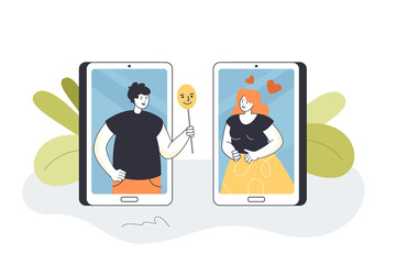 Dishonest impostor hiding real face in online chat with woman. Man on phone screen holding mask with smile flat vector illustration. Fraud concept for banner, website design or landing web page