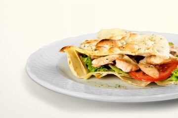 Tasty fresh sandwich on the desk background