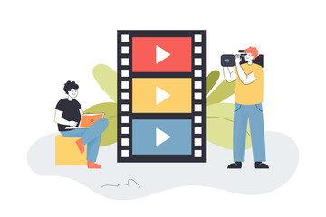 Tiny filmmakers making video. Man editing film strip with laptop, holding professional camera flat vector illustration. Video production concept for banner, website design or landing web page