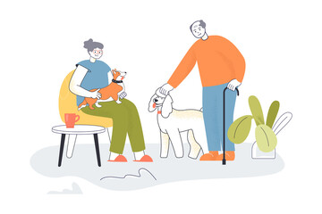 Old couple of grandparents spending time with dogs at home. Senior woman sitting in chair with puppy flat vector illustration. Family, retirement concept for banner, website design or landing web page